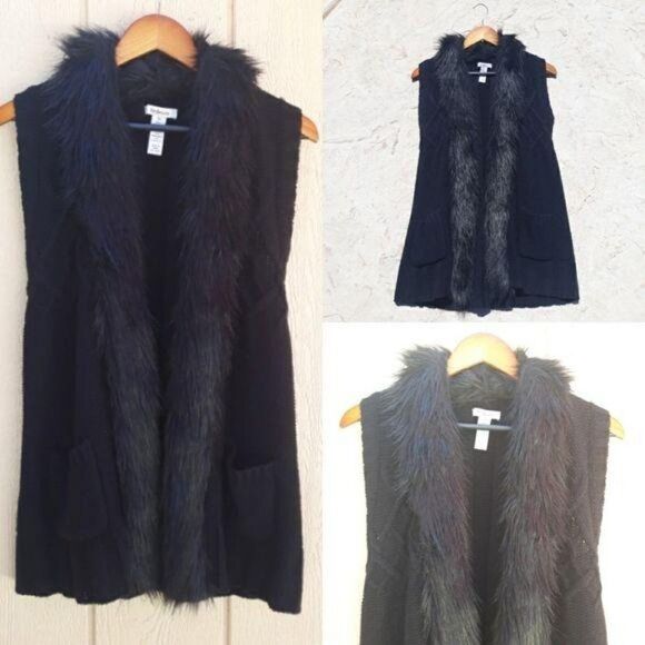 Style & Co Wool Thick Cable Knit Faux Fur Trim Open Cardigan Tunic Black Sz XS - Picture 8 of 8